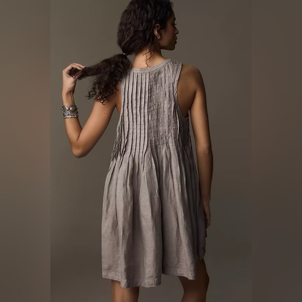 Sleeveless Taupe Mini Dress with Pintuck Detail - Picture 2 of 12